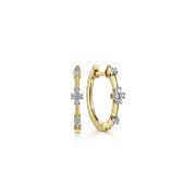 14K Yellow Gold Diamond Flower Station Huggie Hoop Earrings